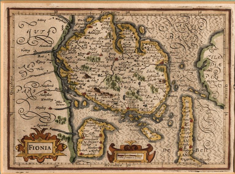 KARTA, handkolorerat kopparstick, "Fionia", Mercator Hondius, 1600-tal.