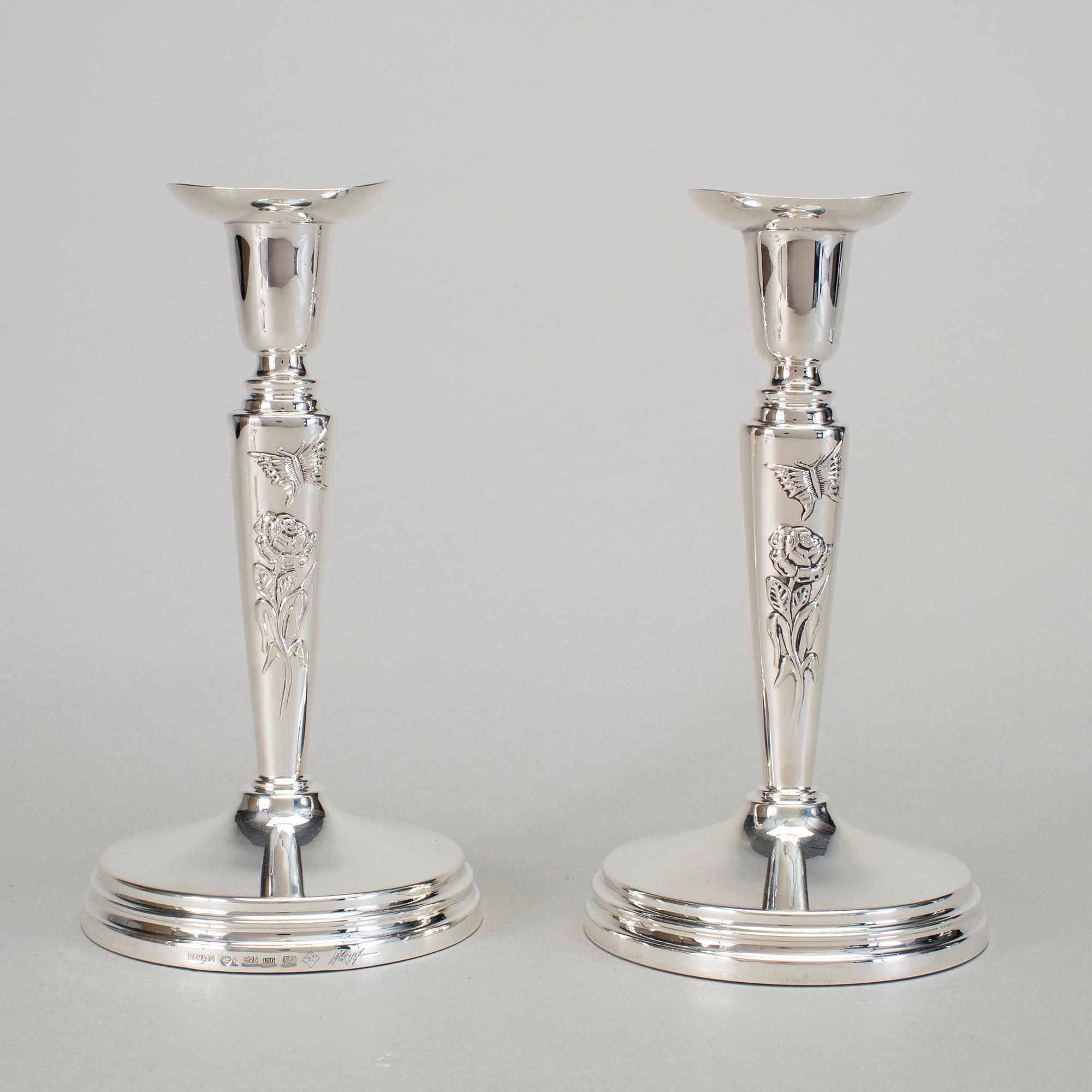 A pair of silver candlesticks by Meya Lerible for Mema, Linköping 1994.