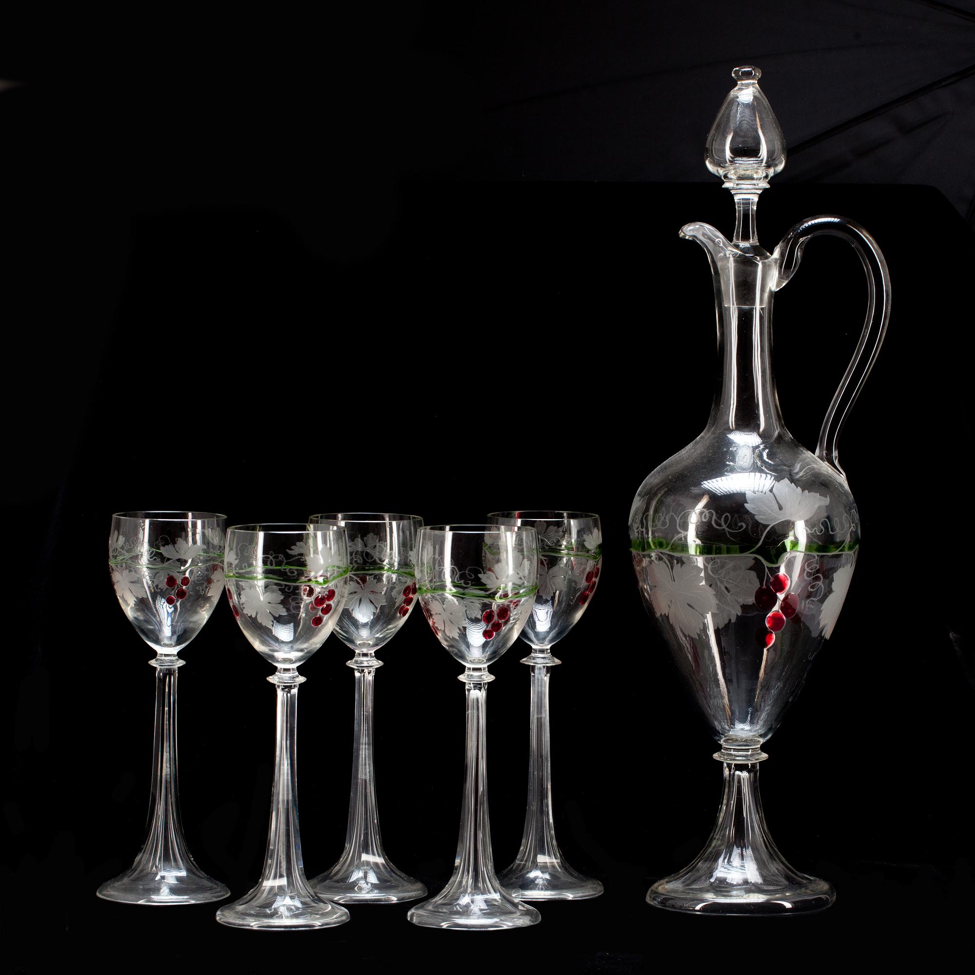 KARAFF MED VINGLAS, 1+5. Glas, jugend, sekelskiftet 1900.