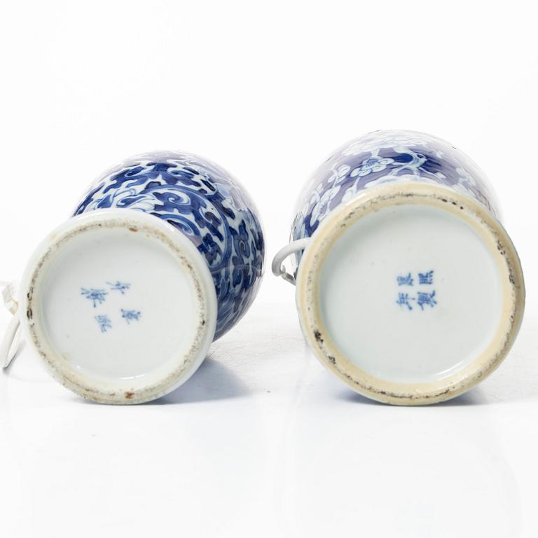Two blue and white porcelain vases/table lamps, China, Qing dynasty, 19th century.