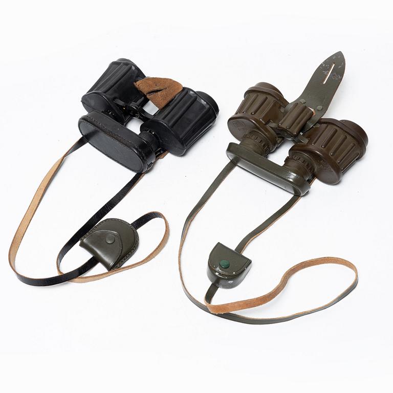 Two pairs of binoculars, Swedish Armed Forces, one marked Carl Zeiss Jena. Both with crown markings.