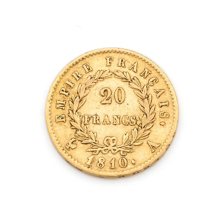 GULDMYNT, 20 franc Napoleon, Frankrike 1810. Vikt ca 6 gram.