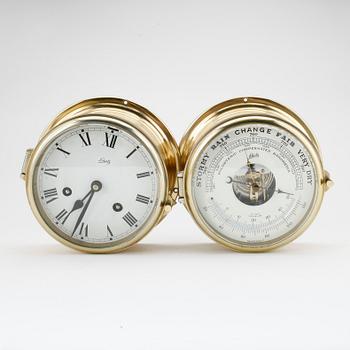 SKEPPSUR samt BAROMETER, mässing, Schatz, 1900-talets andra hälft.