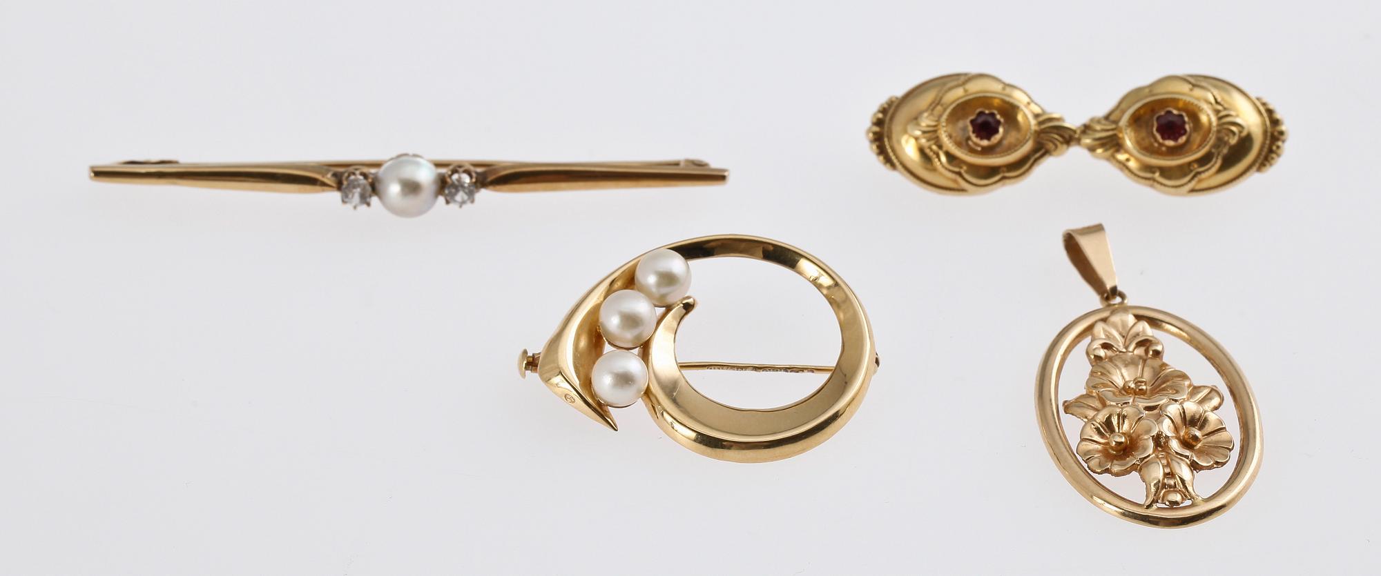 PARTI GULD, 4 delar, 18k guld, bl a Finland, sent 1800-tal - 1900-talets mitt. Tot ca 12 gr.