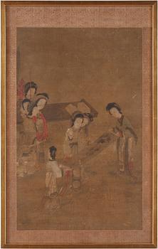 A painting of court-ladies admiring scroll paintings. Qing dynasty, presumably 18th Century.