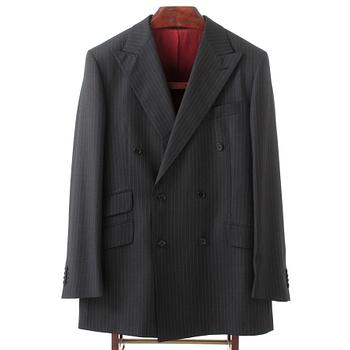 ROSE & BORN, a men's grey pinstriped wool suit consisting of jacket and pants.