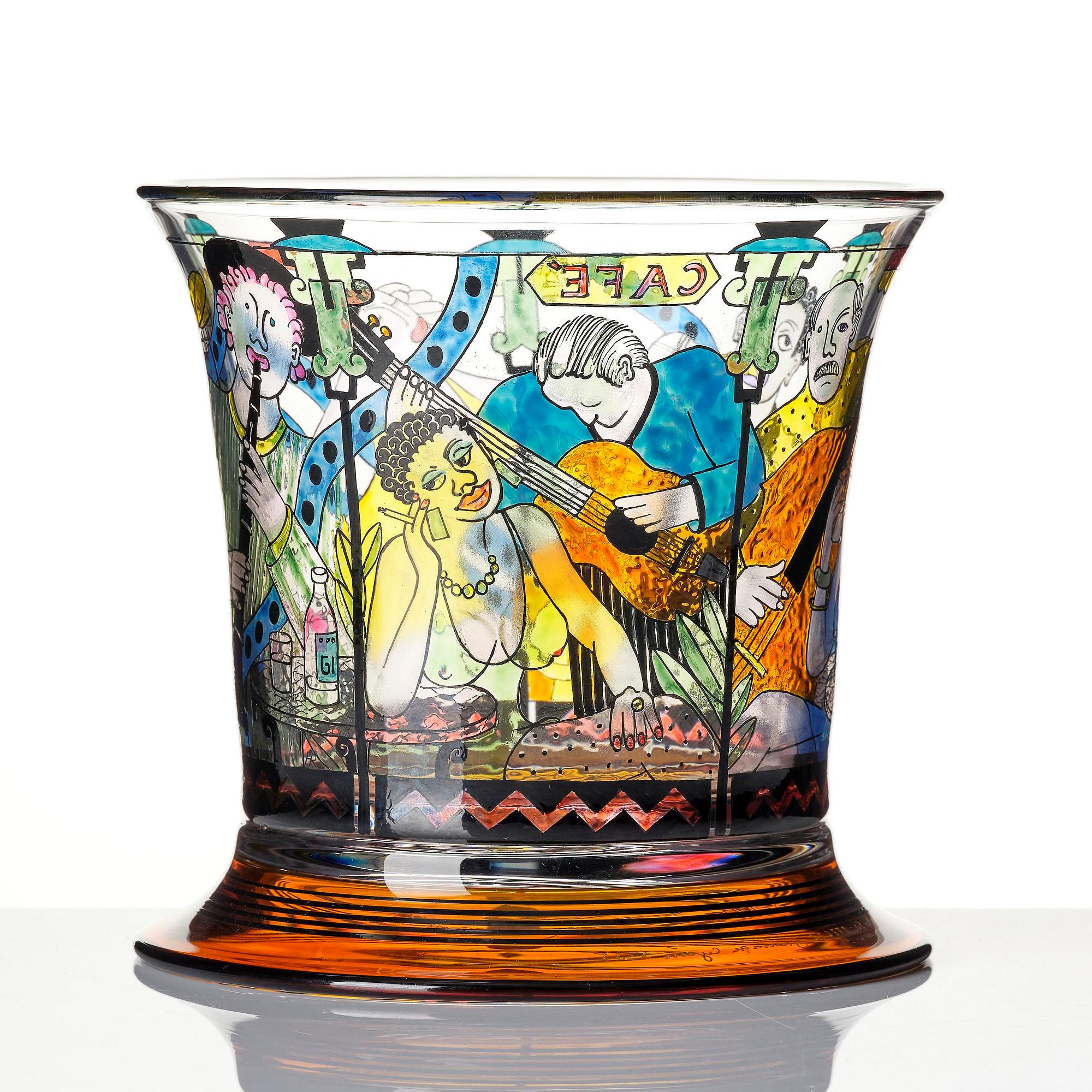 Gunnar Cyrén, a glass vase, "Jazz at the Café", Orrefors 1990.