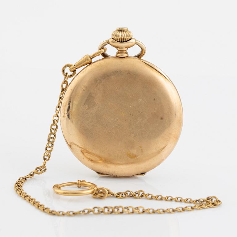 Mido, pocket watch, hunter, 14K gold, chain in 18K gold, 52 mm.