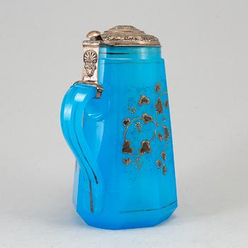 A Russian turkoise glass jug, 19th Century. Pewter mount with German unidentified marks.