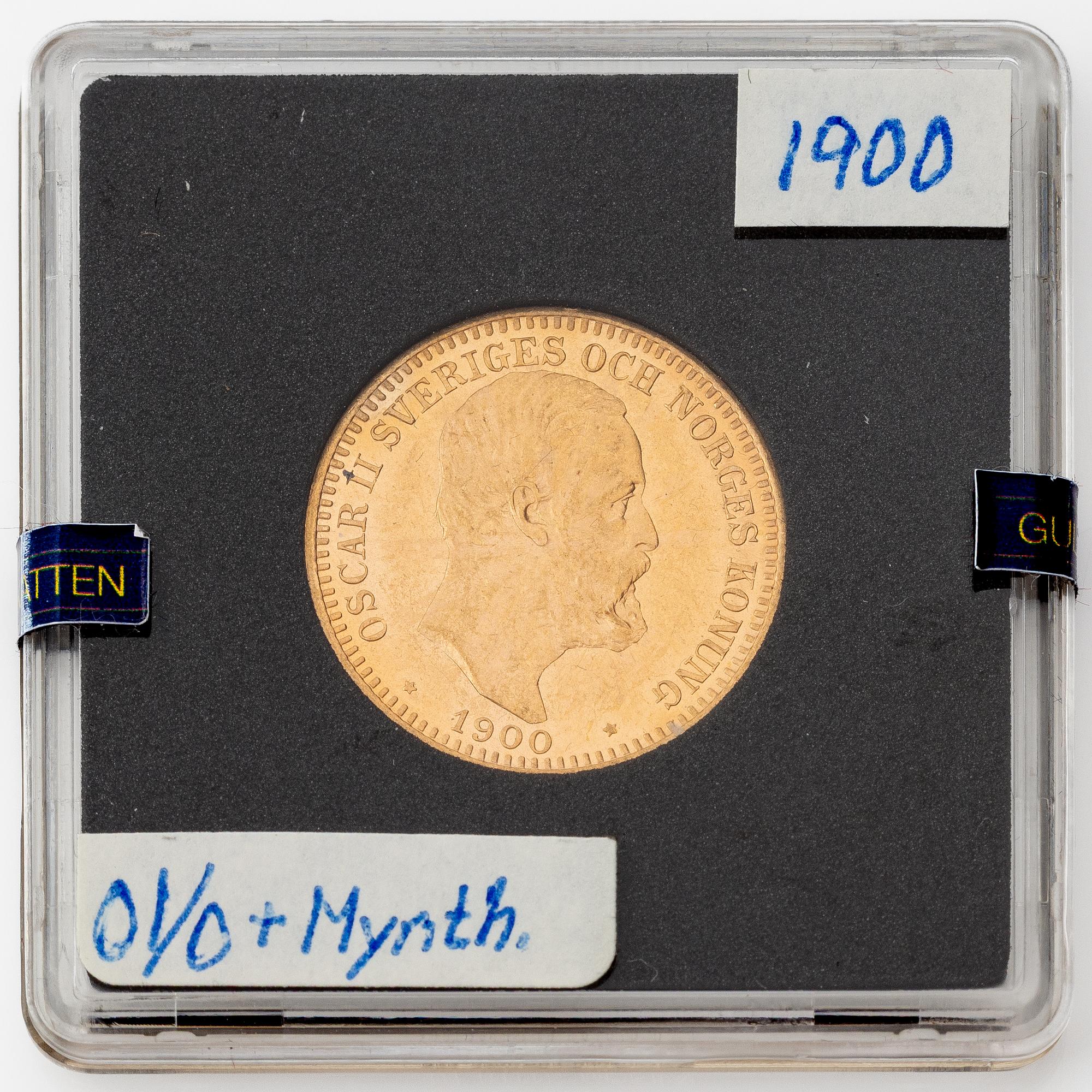 Gold coin, Oscar II, 20Kr, Type IV, Sweden year 1900.