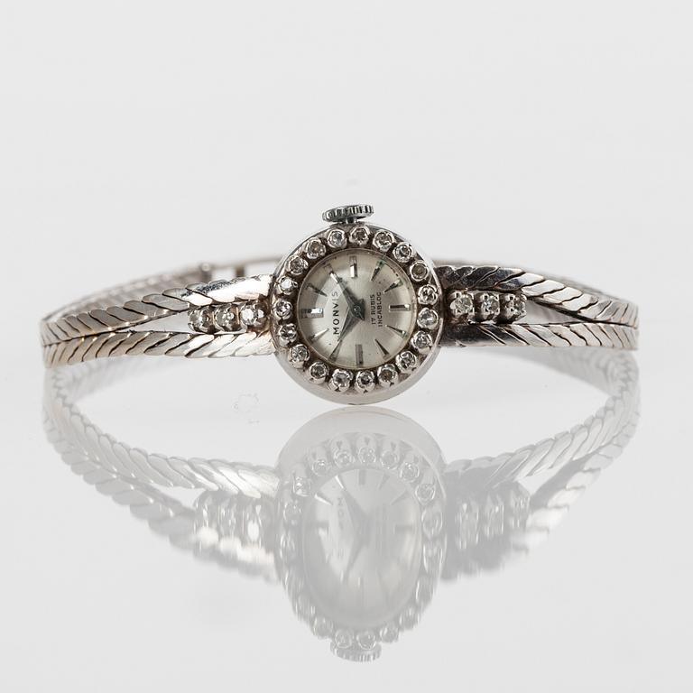 DAMARMBANDSUR, Monvis, 18K guld, 25 åttkantslipade diamanter, 1900-talets andra hälft. Vikt 20 g.