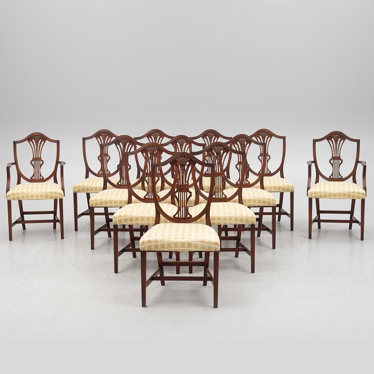 Chairs, 10 pcs and armchairs 2 pcs, Hepplewhite style. Second half of the 20th century.