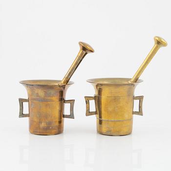 Two brass mortar and pestle, 1800's.