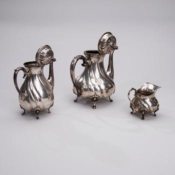 KAFFESERVIS, 3 delar, silver, nyrokoko, Tyskland 1800-talets slut. Vikt 1520 g.