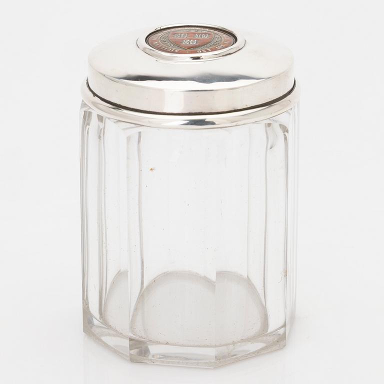 Lidded jar, sterling silver and glass, Howard & Co, New York, 1895.