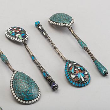 A set of six Russian silver and enamel spoons, around 1900 weight ca 195 gr.