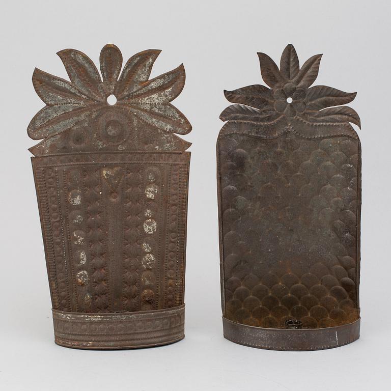 TWO WALL LIGHTS, tin plate, ca 1900.