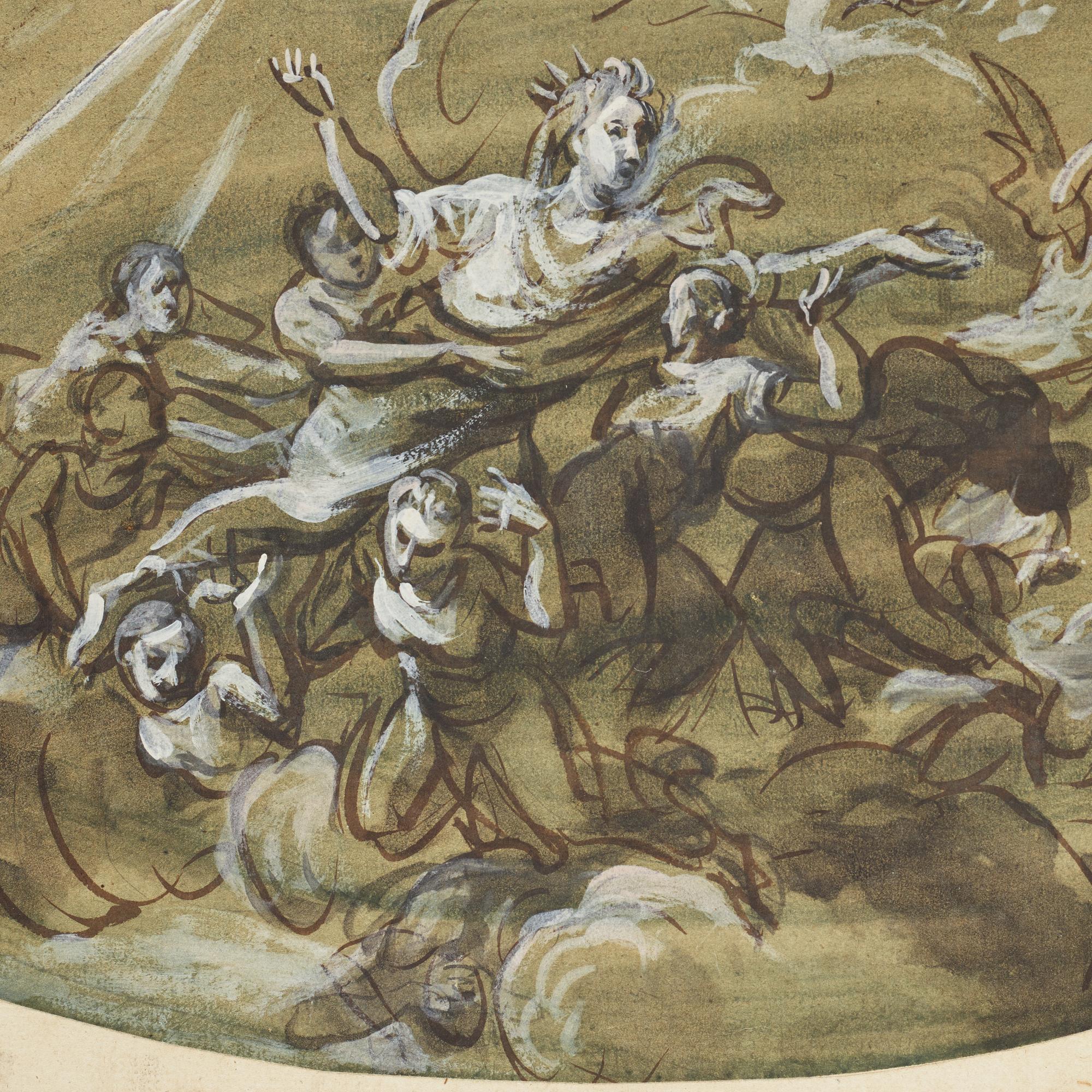 JOSEPH FRANÇOIS PARROCEL, hans krets. Oval. Osignerad. Tusch och täckvitt, bildyta 24,5 x 41 cm.