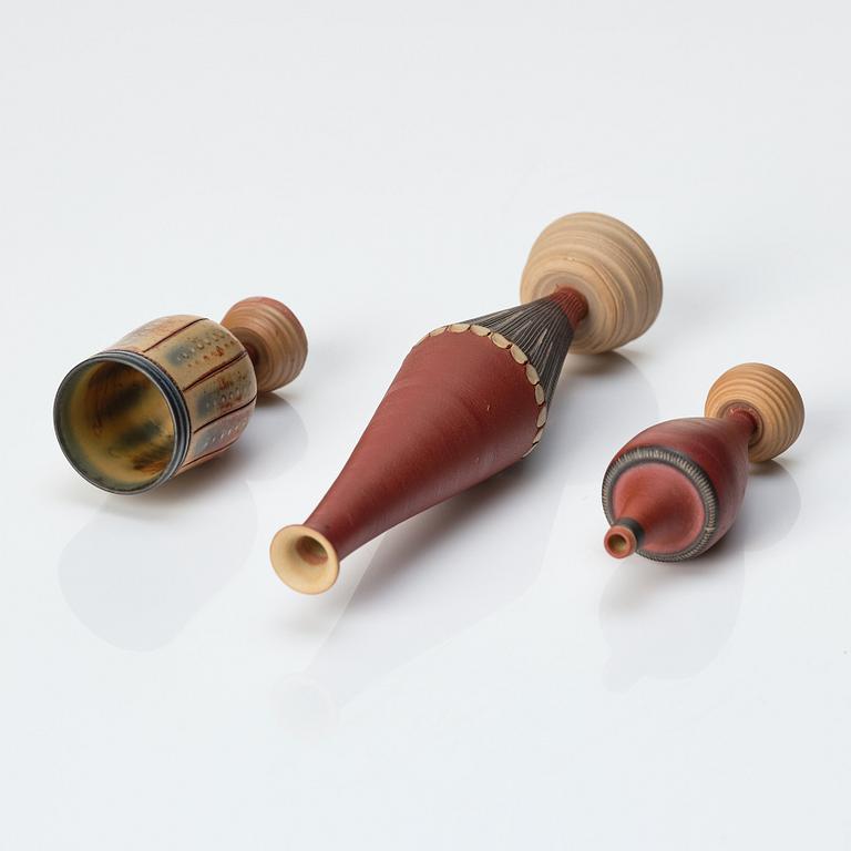 Wilhelm Kåge, a set of three miniature  'Farsta Spirea' stoneware vases, Gustavsberg studio, Sweden, one dated 1958.