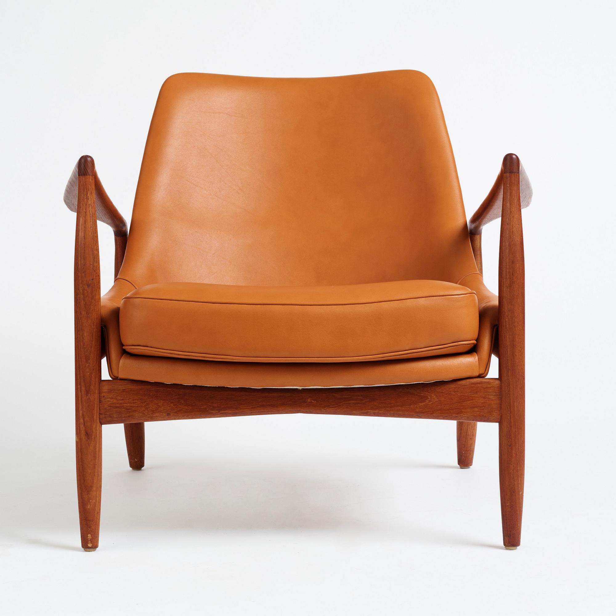 Ib Kofod-Larsen, a teak and brown leather 'Sälen' easy chair, OPE Möbler, Jönköping 1950s.