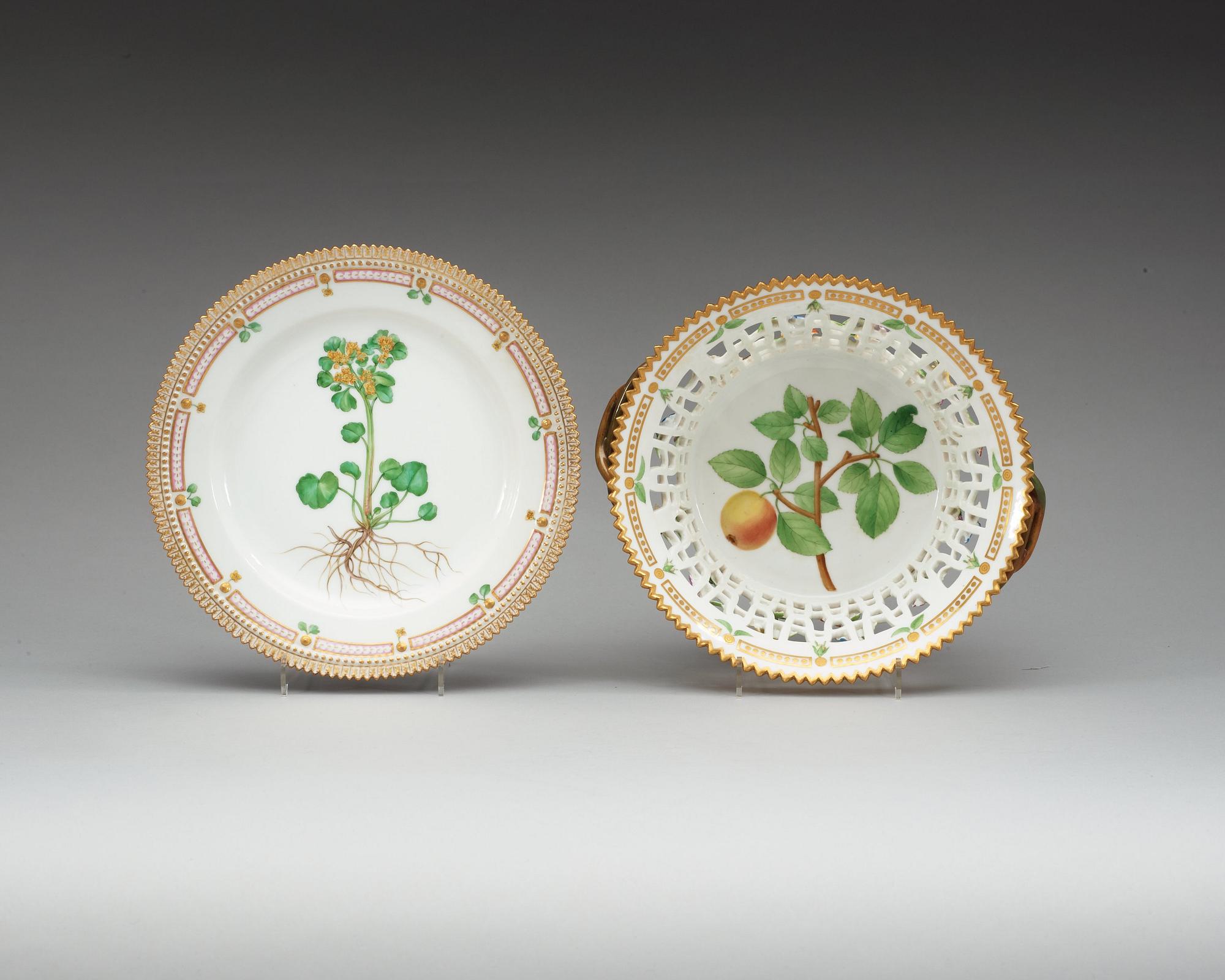 A Royal Copenhagen 'Flora Danica' chestnut basket with stand, Denmark, 20th Century.