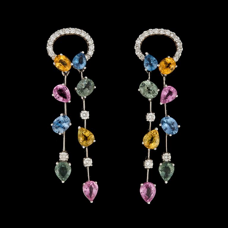 A pair of multi coloured sapphire and brilliant cut diamond earrings.