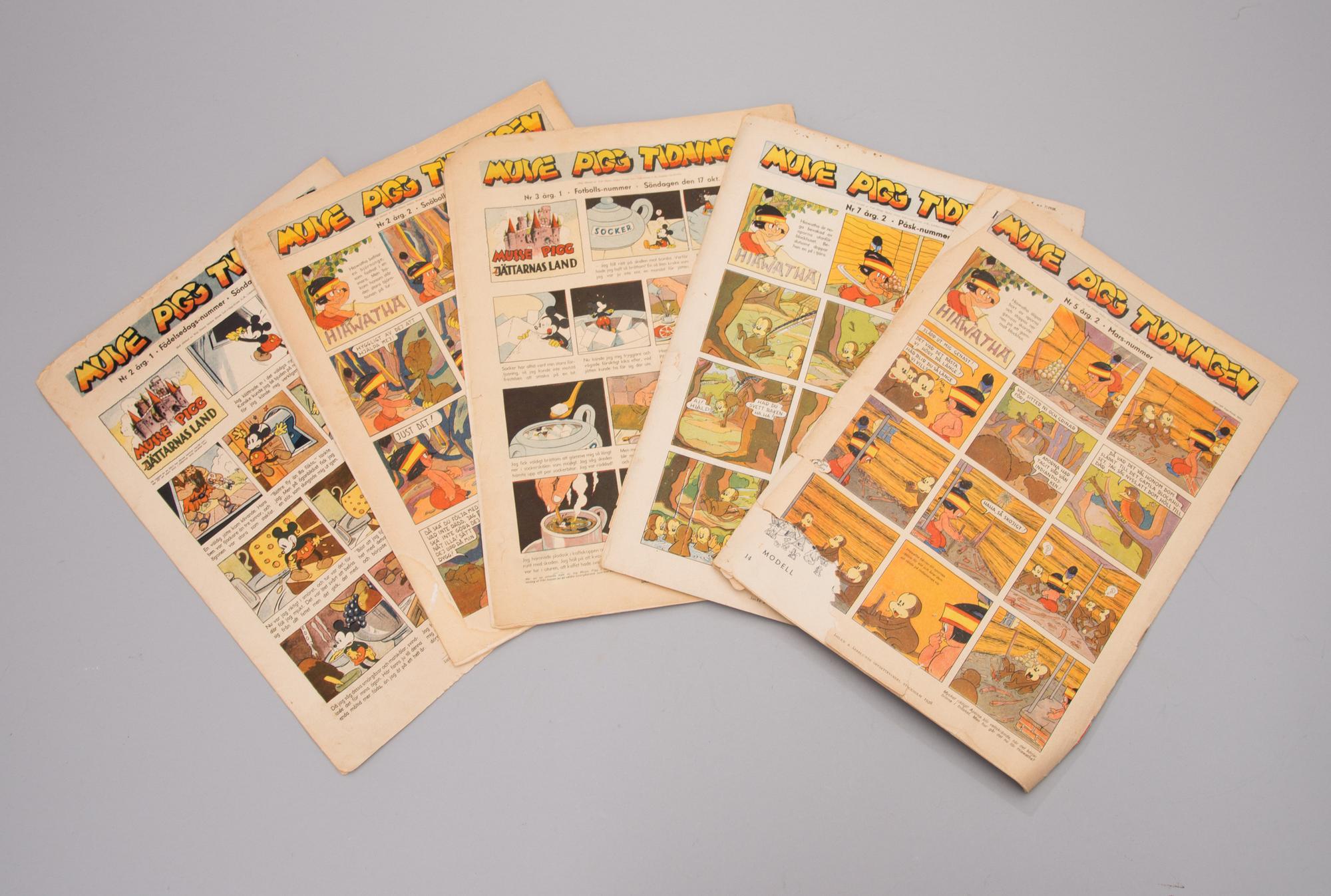 A set of five Musse Pigg comics from 1937 and 1938.