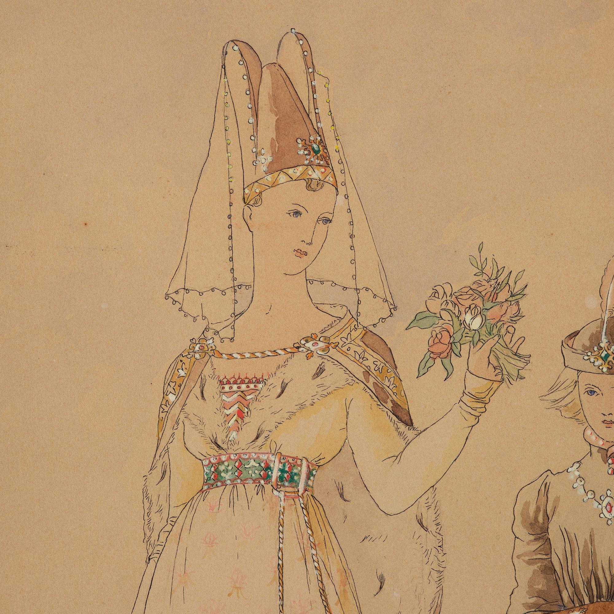 Elisabeth Sonrel, Dame de la Cour avec un bouquet de fleurs et son jeune serviteur.