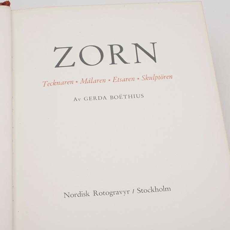 BOK, "Zorn tecknaren, målaren, etsaren, skulptören" av Gerda Boëthius. Stockholm/Nordisk, Rotogravyr, 1949, uppl 1457.