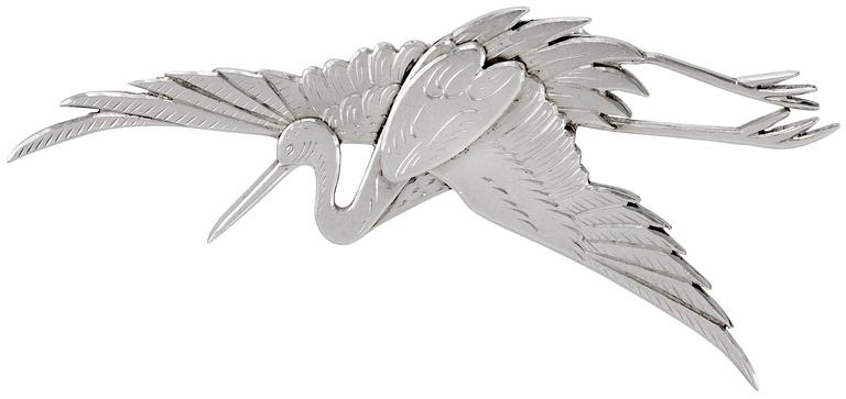 A Wiwen Nilsson sterling brooch of a flying crane, Lund 1958.