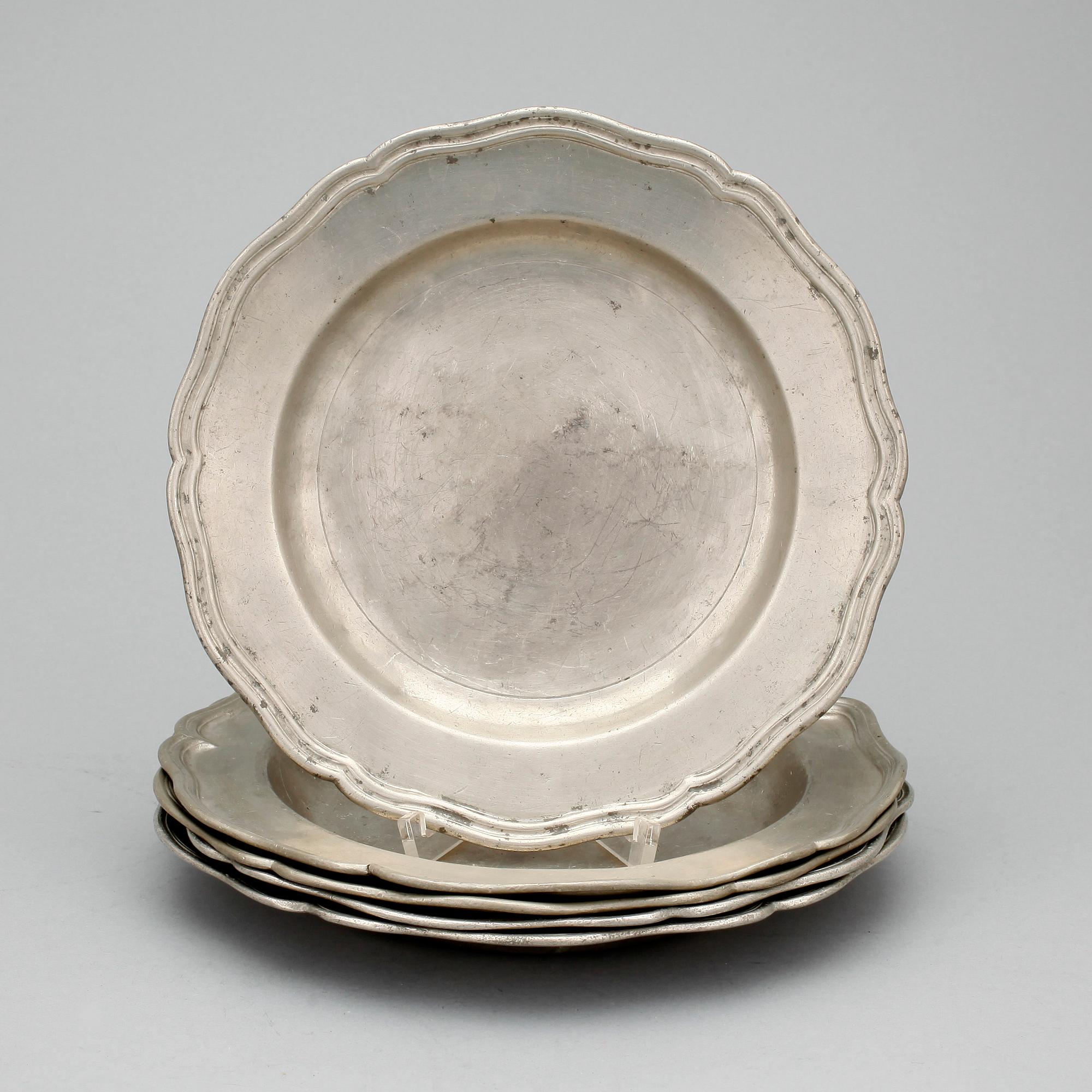 DJUPA TALLRIKAR, 5 st, tenn, rokoko, mest Johan Gustaf Ryman, Stockholm, 1700-tal.