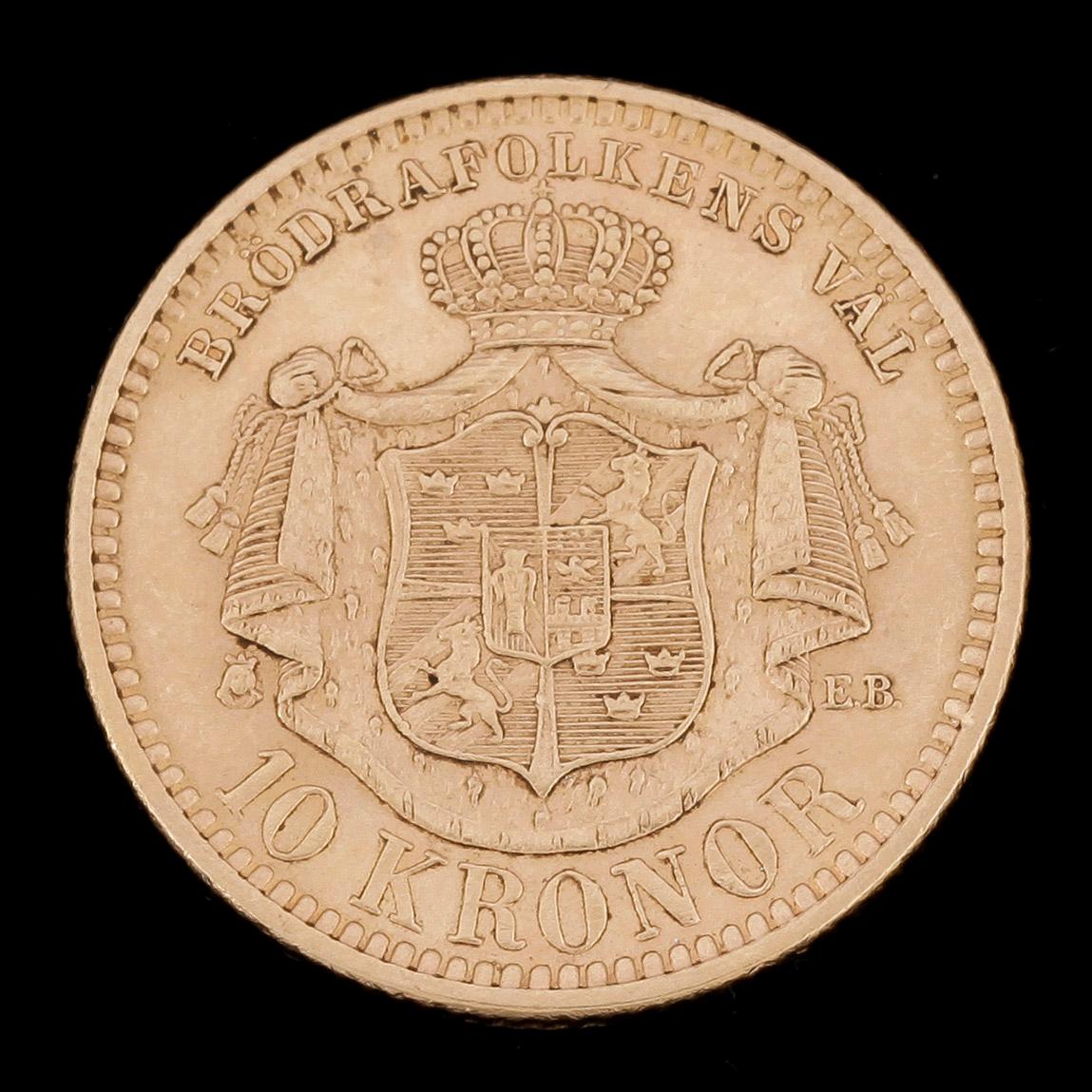 MYNT, 23k guld, 10 kronor, Oscar II, Sverige och Norge 1901. Vikt ca4,5g.