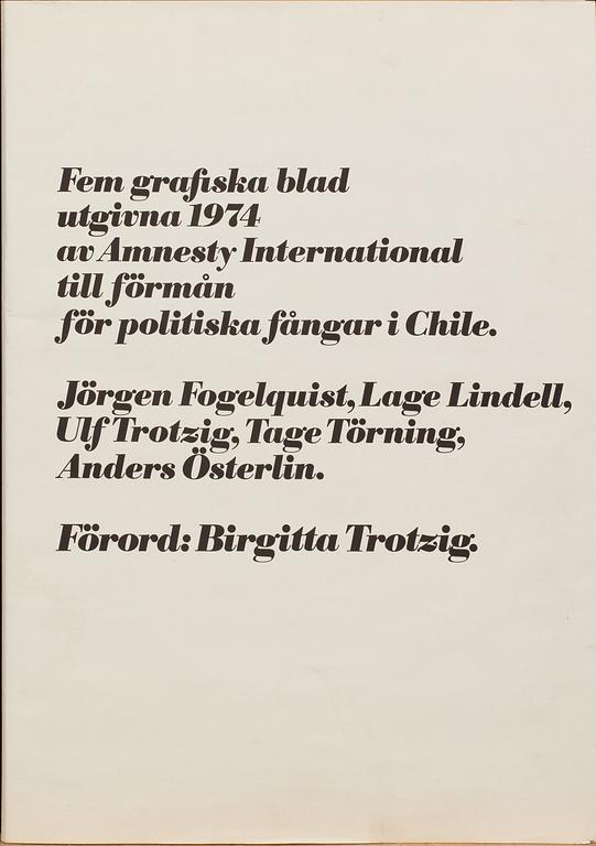 MAPP, litografier 5 st, bl.a. Jörgen Fogelquist, Ulf Trotzig, Anders Österlin, Nr 9/150, daterad 1974.