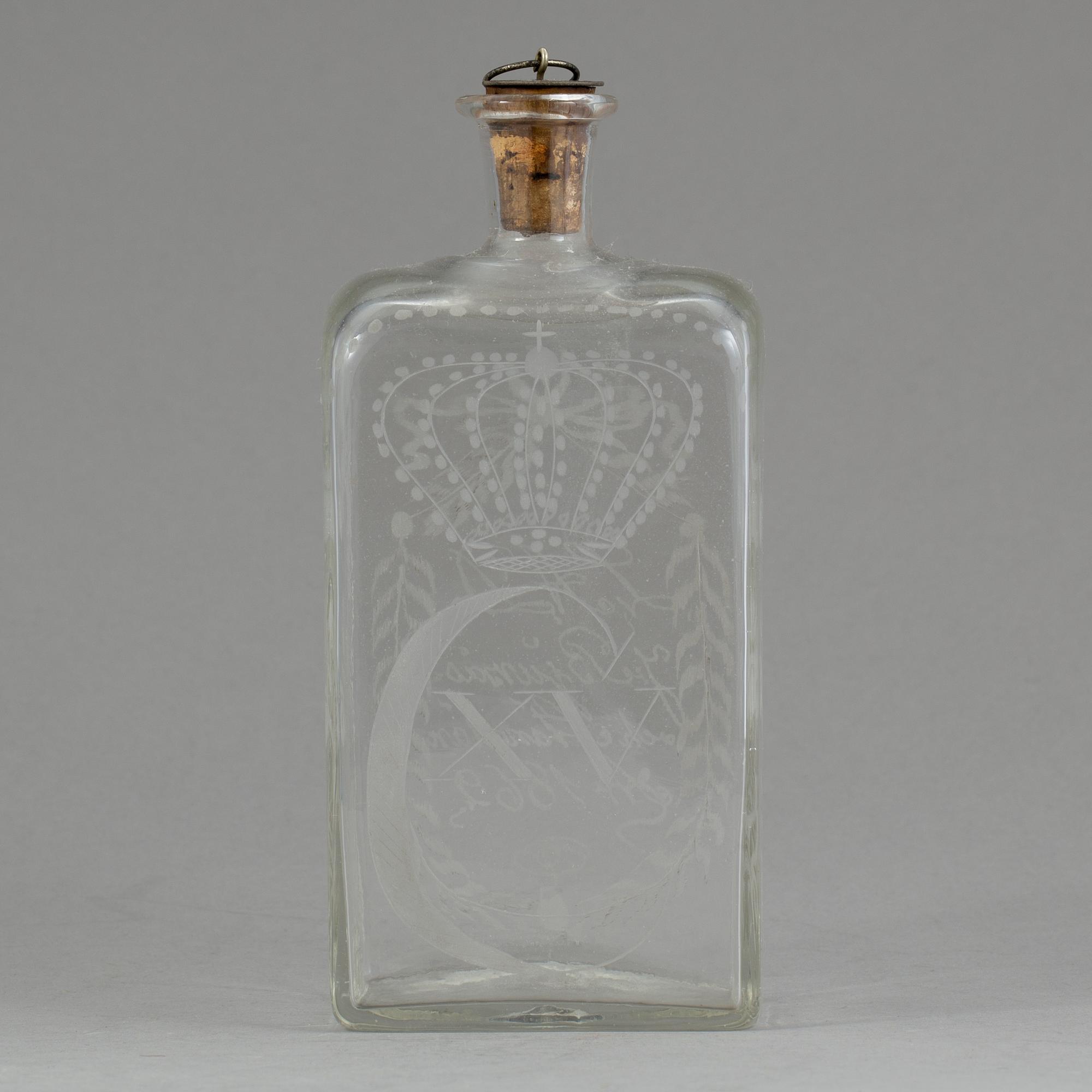BRÄNNVINSFLASKA, glas, Bjursås. Daterad 1862.