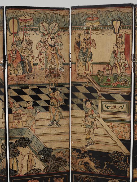 An eight panel lacquer screen, Qing dynasty, presumably Kangxi (1662-1722).