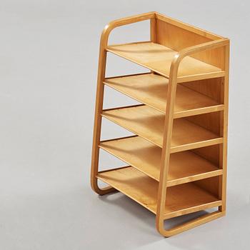 An Alvar Aalto birch shelf, made on license by Aalto Design Hedemora Sweden 1946-56, for Artek.