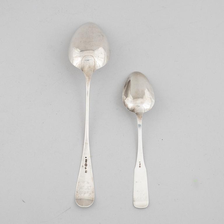 Two serving spoons, low-grade silver, 19th Century, possibly marks of Jacob Andreas Mort, Oslo (1796 - 1854) and of.