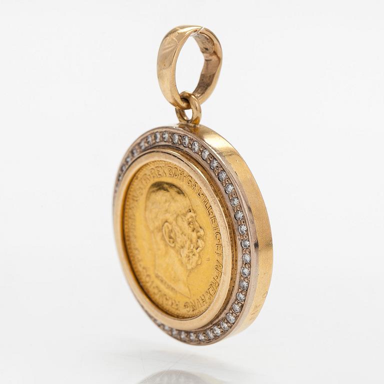 Hänge/mynt, Frans Josef I, Österrike-Ungern, 1910. 20 Corona, ca 21K (.900) och 18K guld samt diamanter.