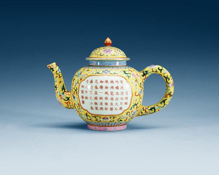A yellow ground famille rose teapot and cover, presumably Republic with Jiaqings sealmark.