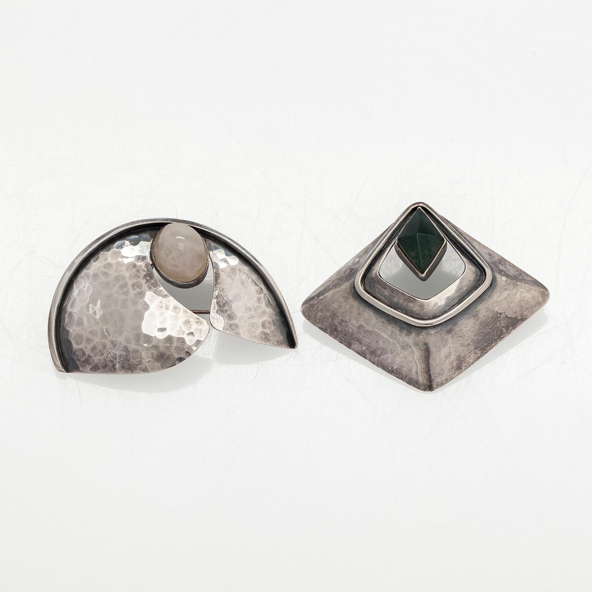 Brooches, 2 pcs, silver, moss agate, quartz, Tillander, 1962.