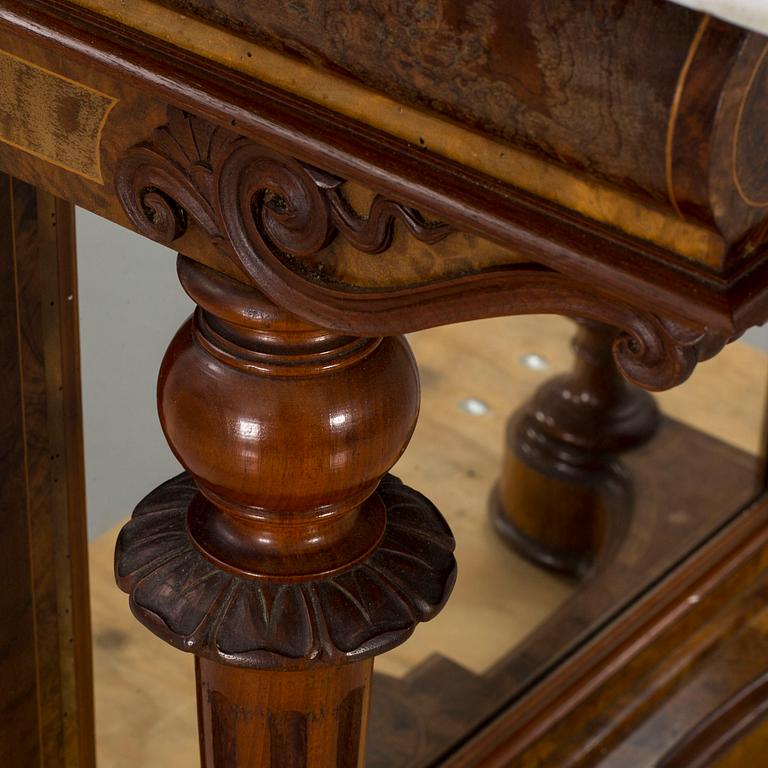 A walnut wall table with white marble top, late 19th or early 20th century.