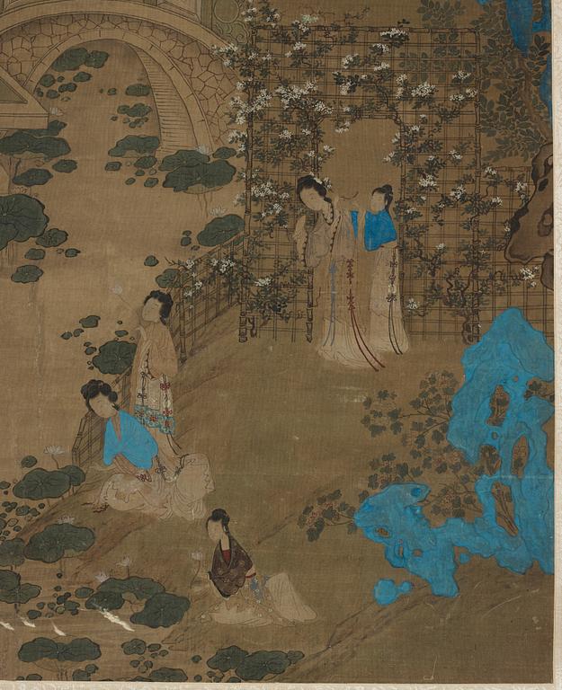 A hanging scroll of a garden scenery with court-ladies and attendants, Qing dynasty, 19th century.