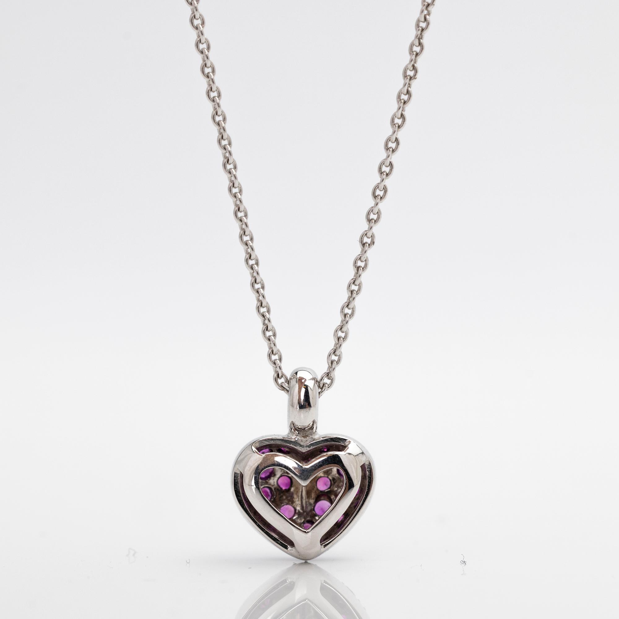 Necklace, 18K white gold, with a heart-shaped pendant in black rhodium-plated white gold set with rubies and brilliant-cut diamonds.