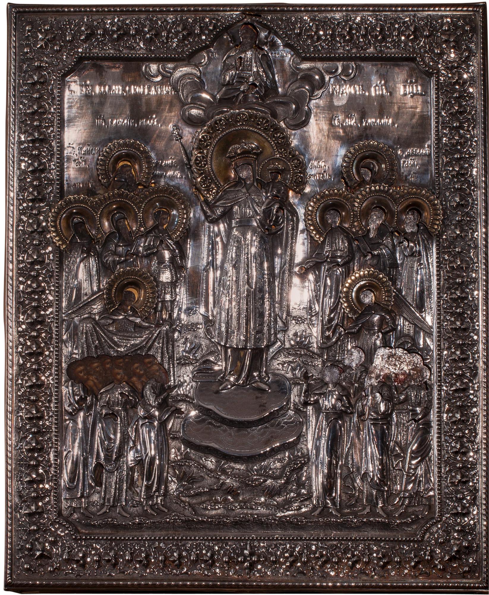 IKON, Tempera på pannå, Ryssland, 1800-talets sista kvartal. Risa, silver. Mästare Ivanov M.I. Sankt Petersburg, 1880.