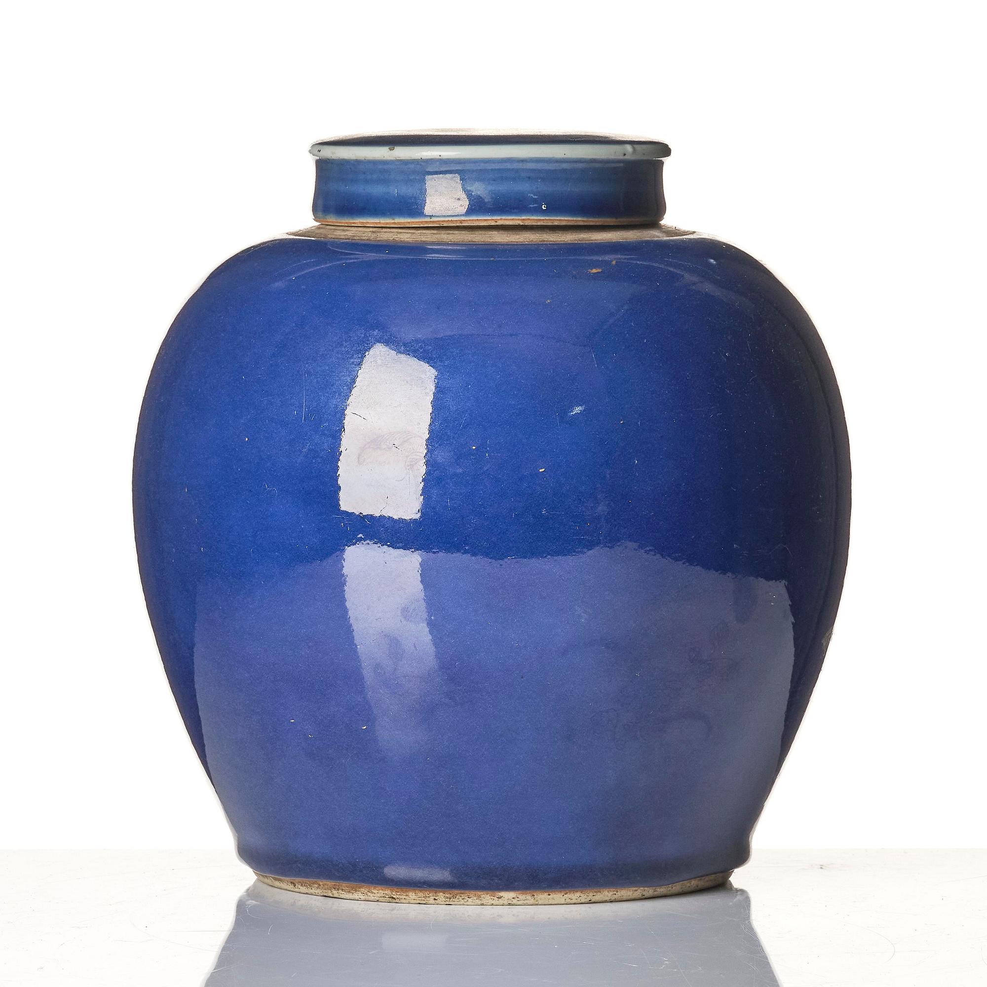 A powder blue jar with cover, Qing dynasty with Qianlong mark and of the period (1736-95).
