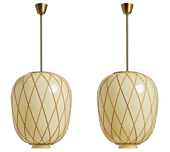 158. A pair of Swedish vanilla coloured glass ceiling lights with fretted rattan, 1930-40's.