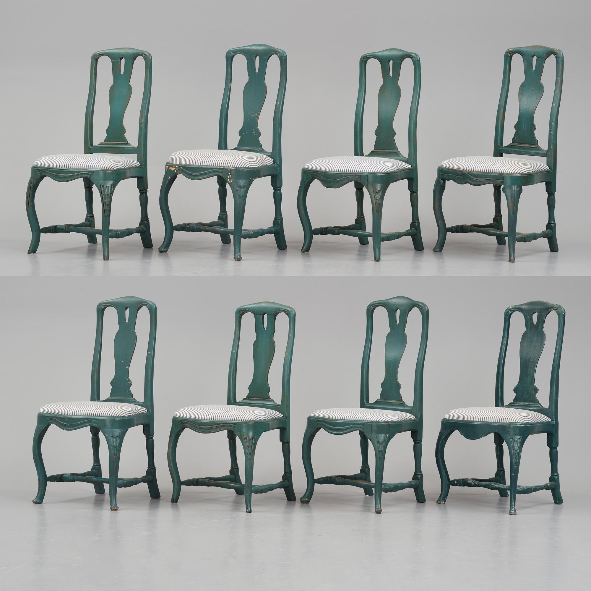 A matched set of eight Swedish Rococo chairs.
