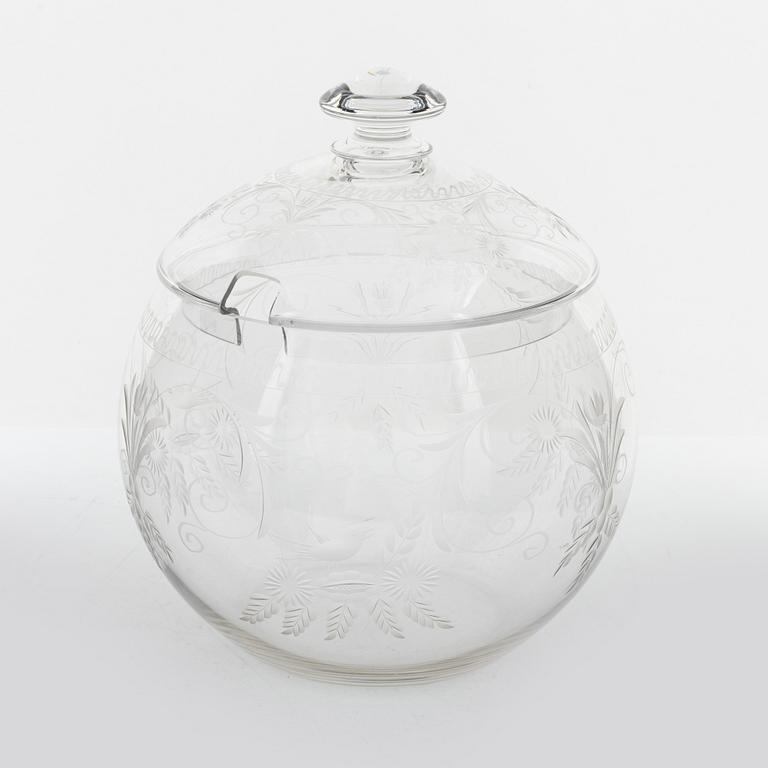 A punch bowl and mugs, glass, mid 20th century.