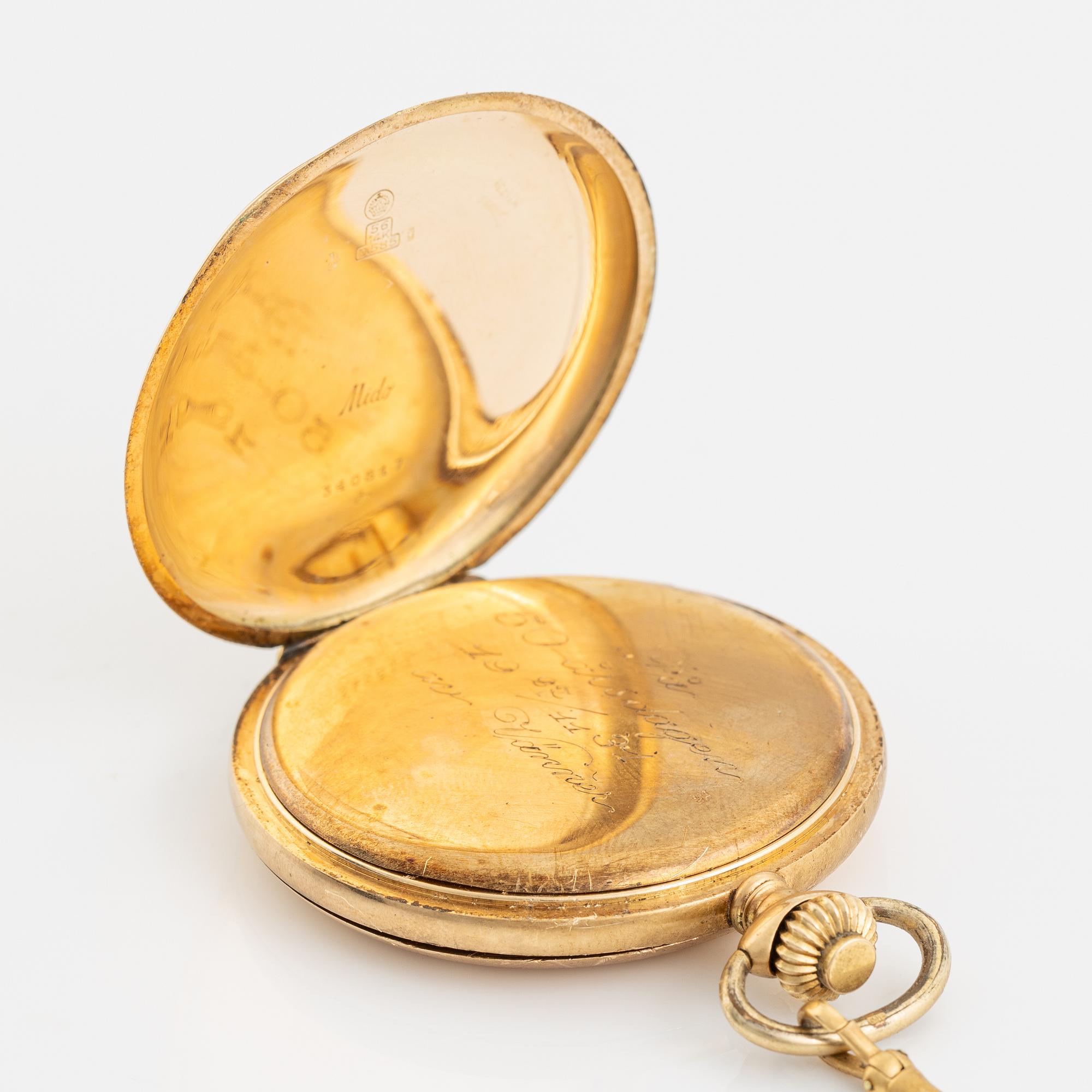 Mido, pocket watch, hunter, 14K gold, chain in 18K gold, 52 mm.