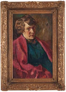 Helmer Osslund, Female portrait against a red background.